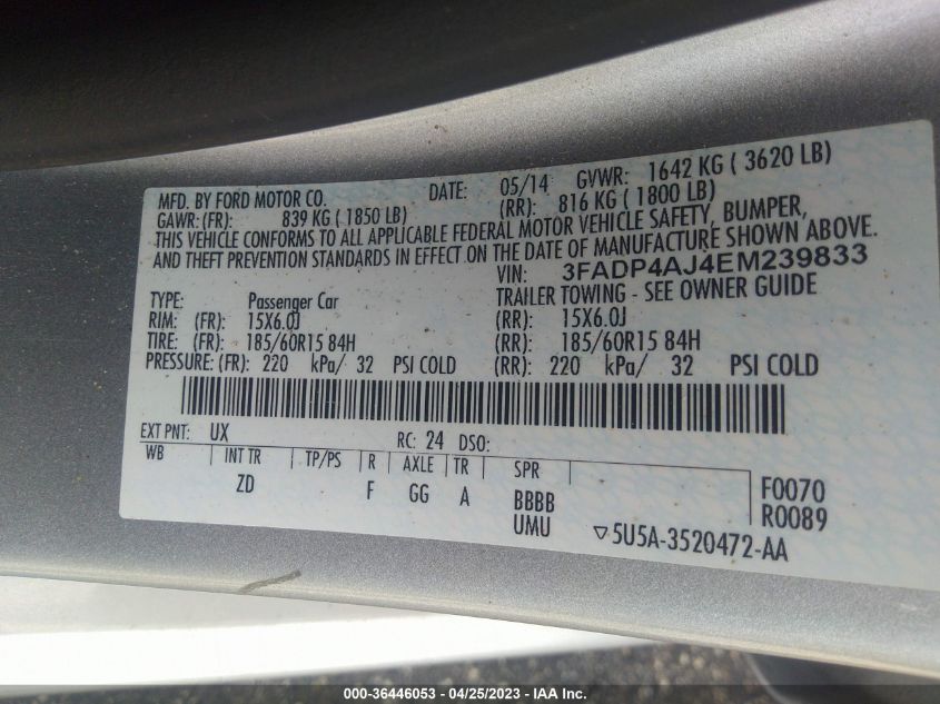 2014 FORD FIESTA S - 3FADP4AJ4EM239833