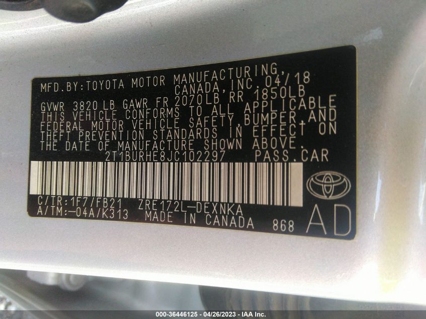 2018 TOYOTA COROLLA LE - 2T1BURHE8JC102297