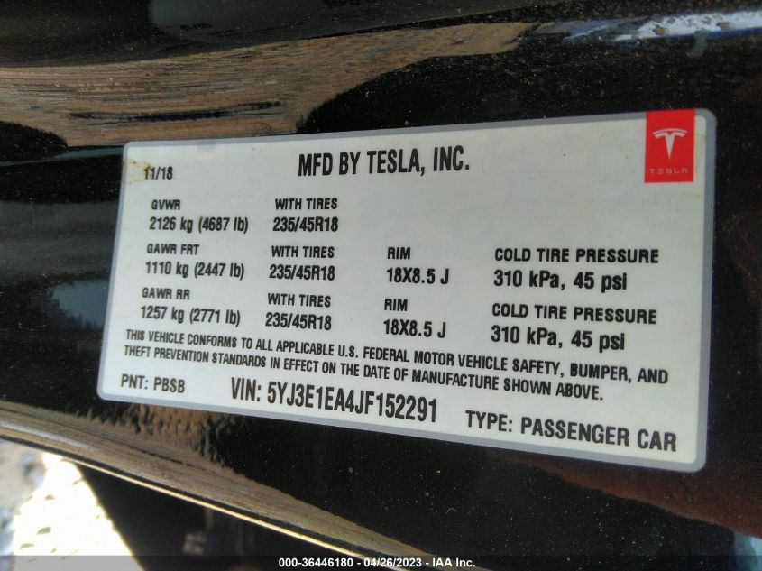 2018 TESLA MODEL 3 RANGE BATTERY - 5YJ3E1EA4JF152291