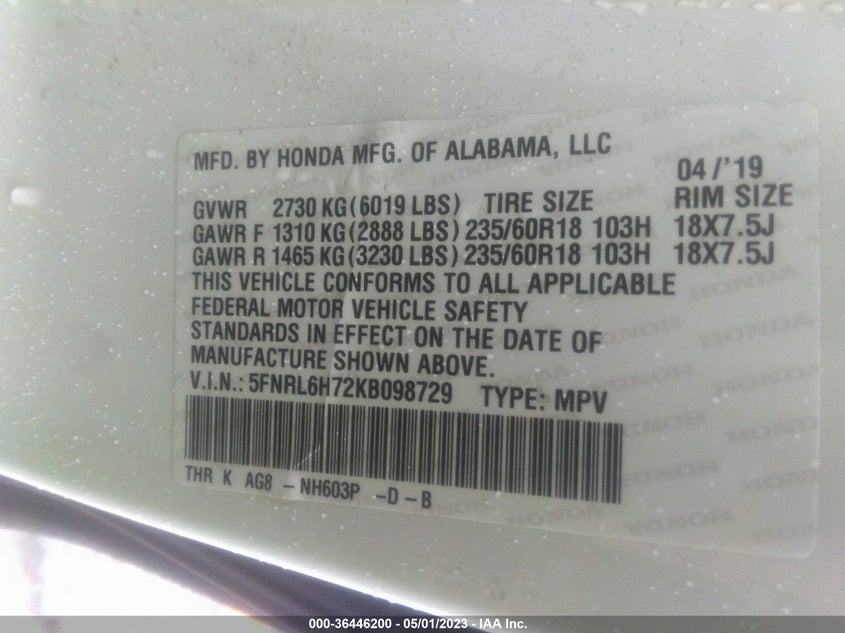 VIN 5FNRL6H72KB098729 2019 HONDA ODYSSEY EX-L