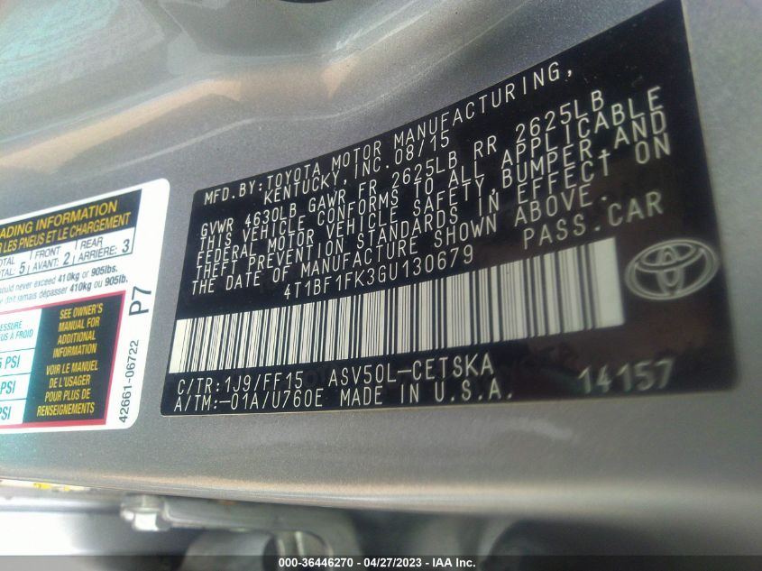 2016 TOYOTA CAMRY XLE/SE/LE/XSE - 4T1BF1FK3GU130679