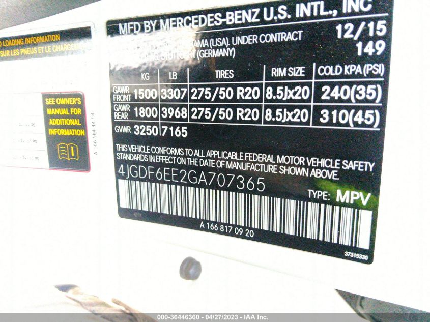 2016 MERCEDES-BENZ GL GL 450 4JGDF6EE2GA707365