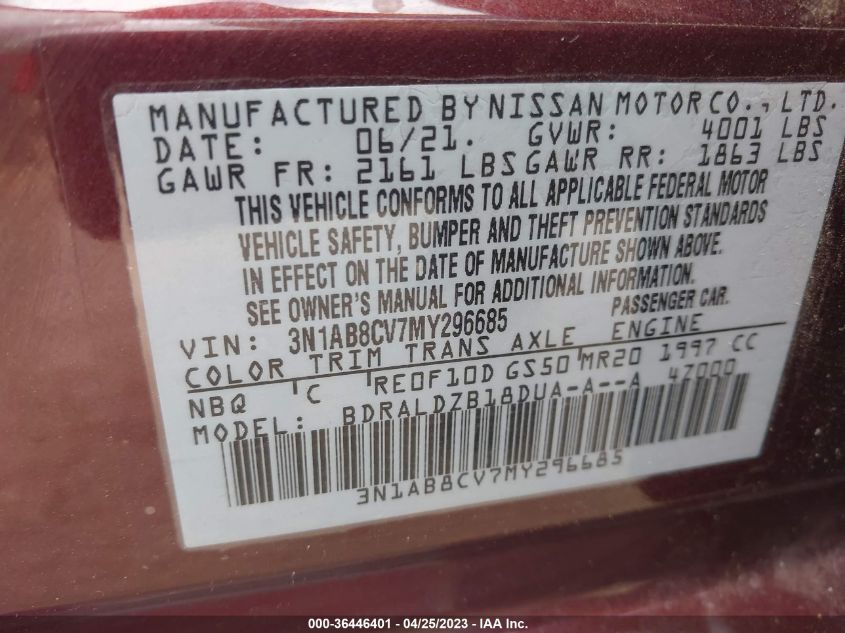 2021 NISSAN SENTRA SV - 3N1AB8CV7MY296685