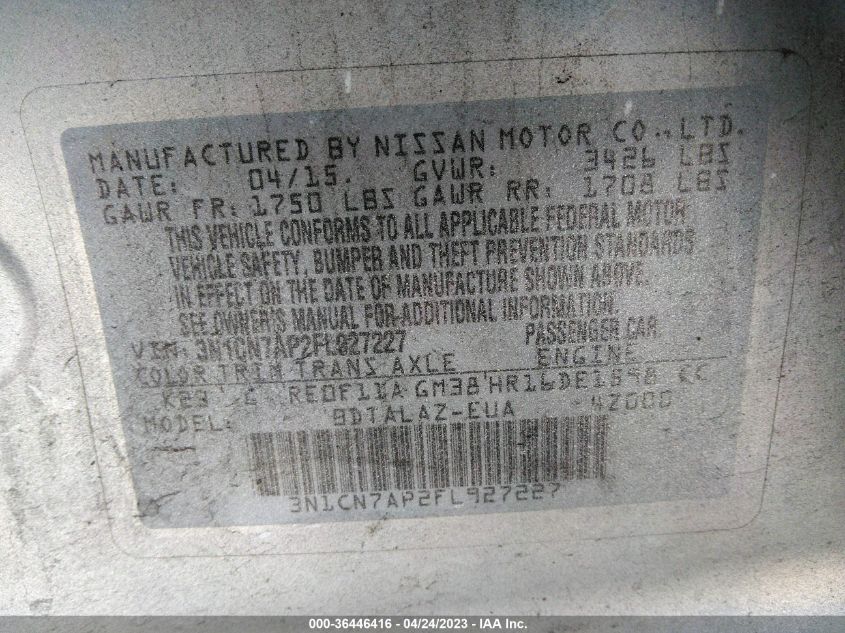 2015 NISSAN VERSA S PLUS - 3N1CN7AP2FL927227
