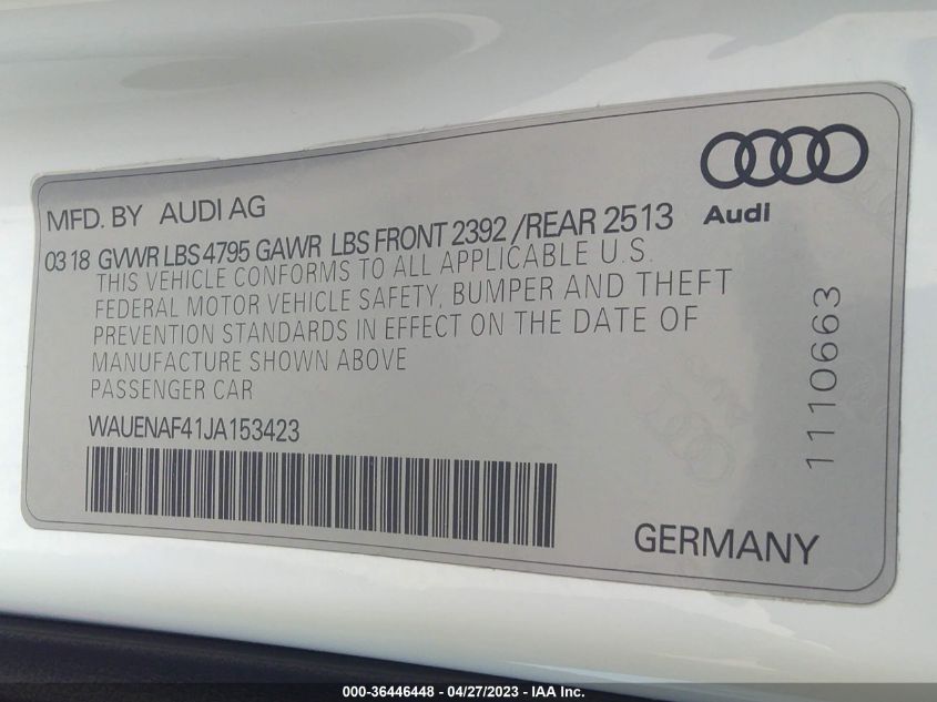 2018 AUDI A4 PREMIUM PLUS - WAUENAF41JA153423