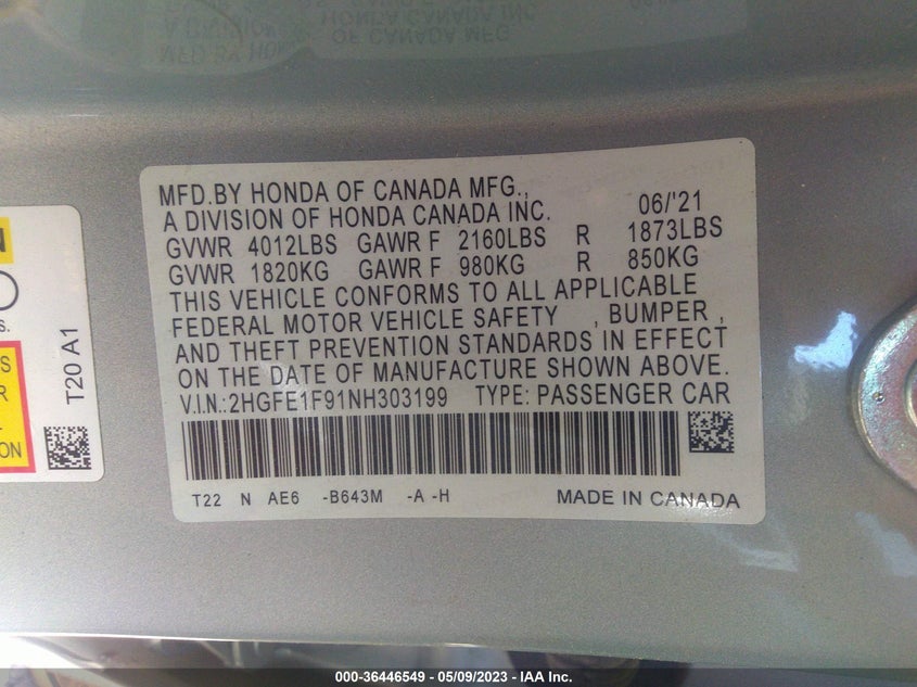 VIN 2HGFE1F91NH303199 2022 HONDA CIVIC SEDAN TOURING