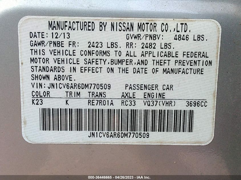 2013 INFINITI G37 SEDAN X JN1CV6AR6DM770509