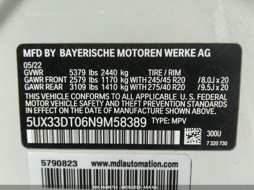 2022 BMW X4 XDRIVE30I - 5UX33DT06N9M58389