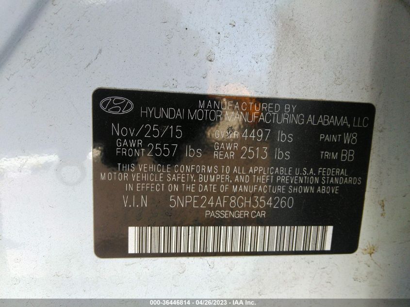 2016 HYUNDAI SONATA 2.4L SE - 5NPE24AF8GH354260