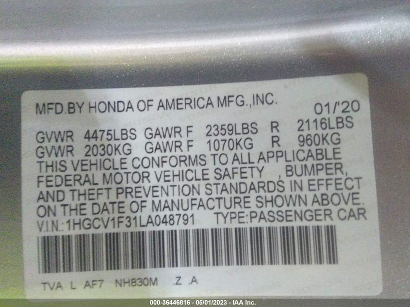 VIN 1HGCV1F31LA048791 2020 HONDA ACCORD SEDAN SPORT