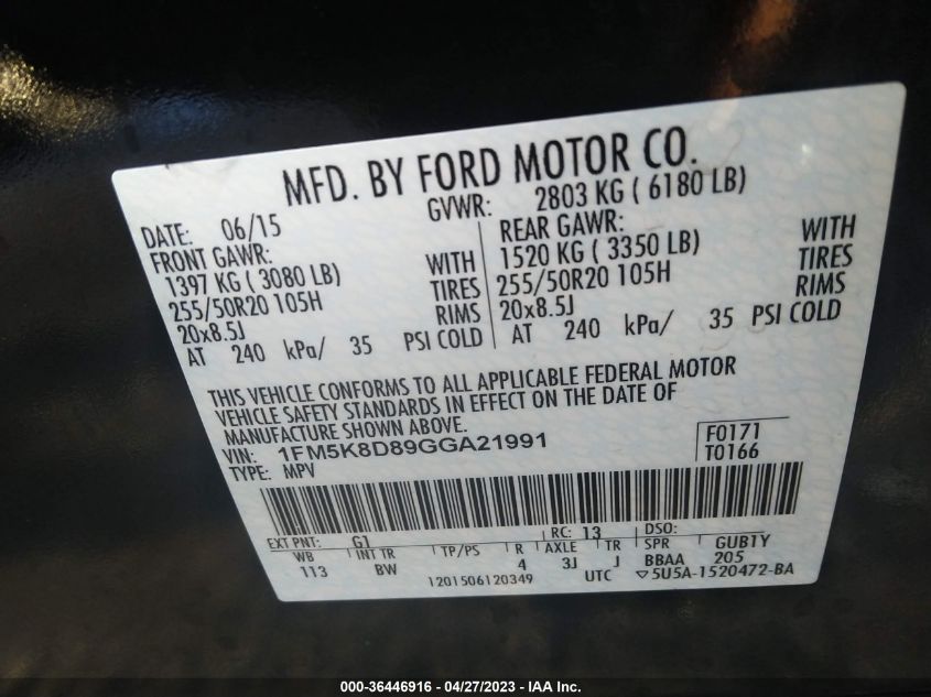 2016 FORD EXPLORER XLT - 1FM5K8D89GGA21991