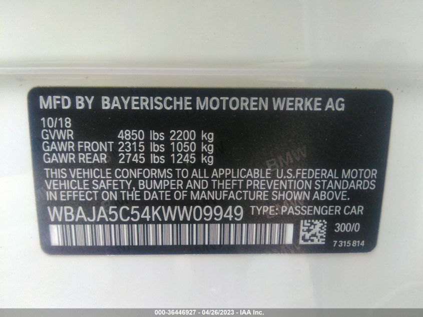 2019 BMW 5 SERIES 530I - WBAJA5C54KWW09949
