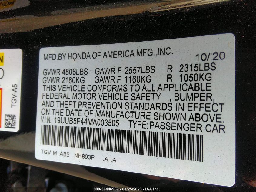 2021 ACURA TLX W/TECHNOLOGY PACKAGE - 19UUB5F44MA003505