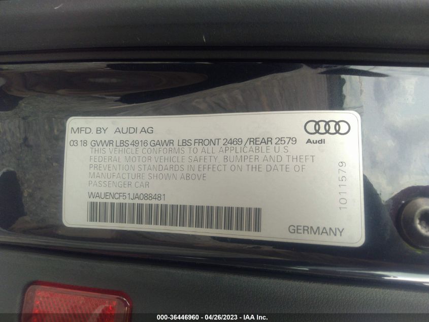 2018 AUDI A5 SPORTBACK PREMIUM PLUS - WAUENCF51JA088481