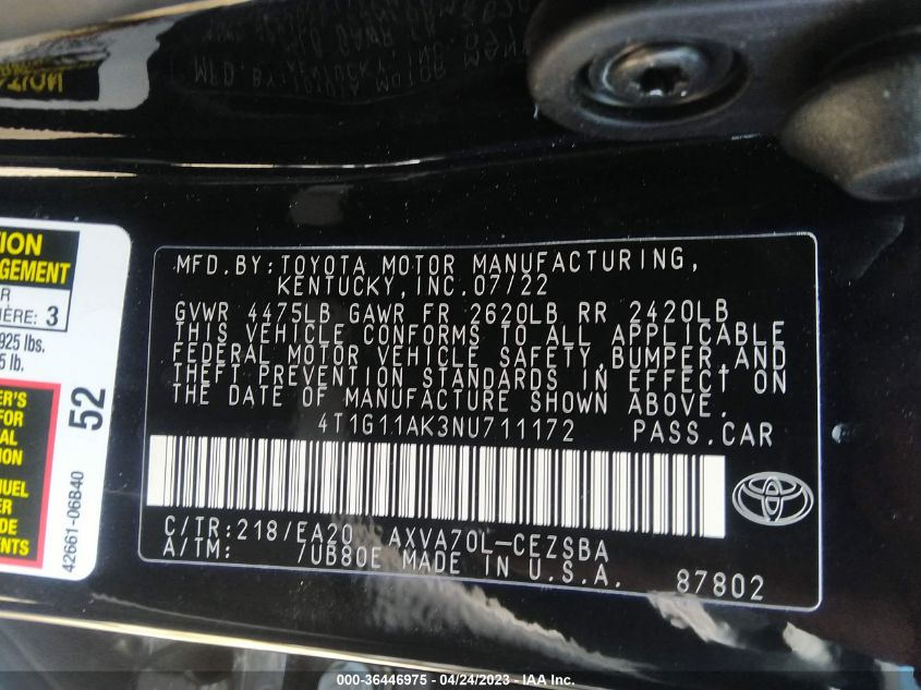 2022 TOYOTA CAMRY SE - 4T1G11AK3NU711172