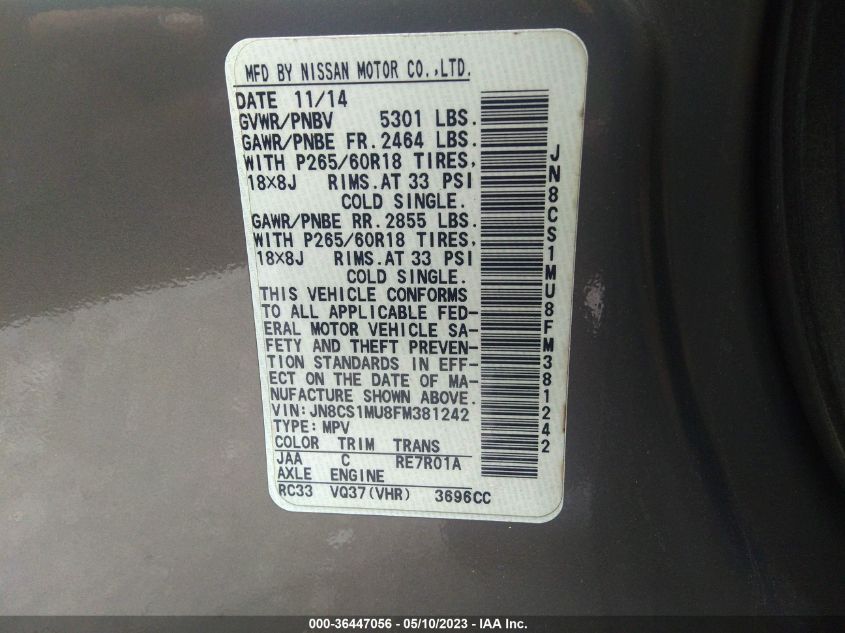 2015 INFINITI QX70 JN8CS1MU8FM381242