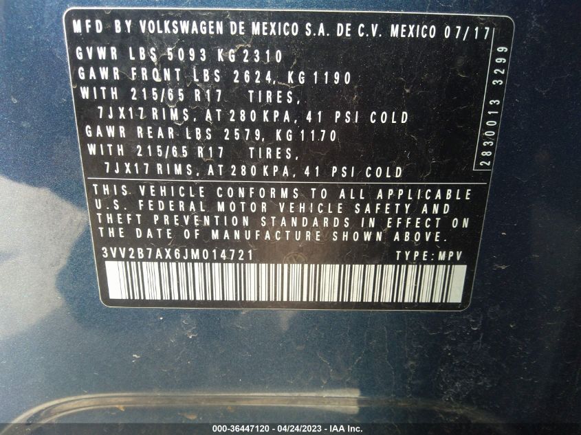 2018 VOLKSWAGEN TIGUAN SEL/SE - 3VV2B7AX6JM014721