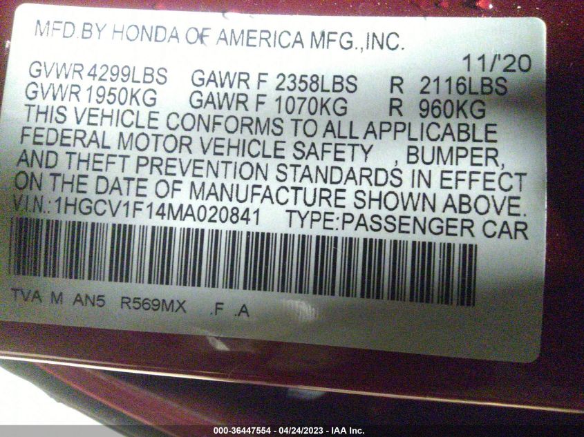 1HGCV1F14MA020841 | 2021 HONDA ACCORD