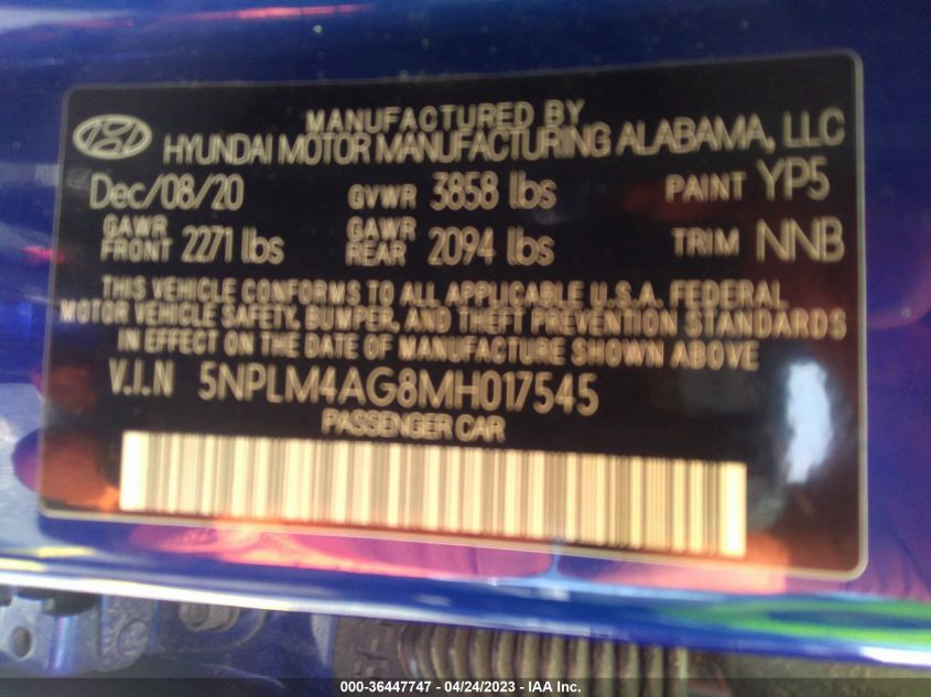 2021 HYUNDAI ELANTRA SEL - 5NPLM4AG8MH017545