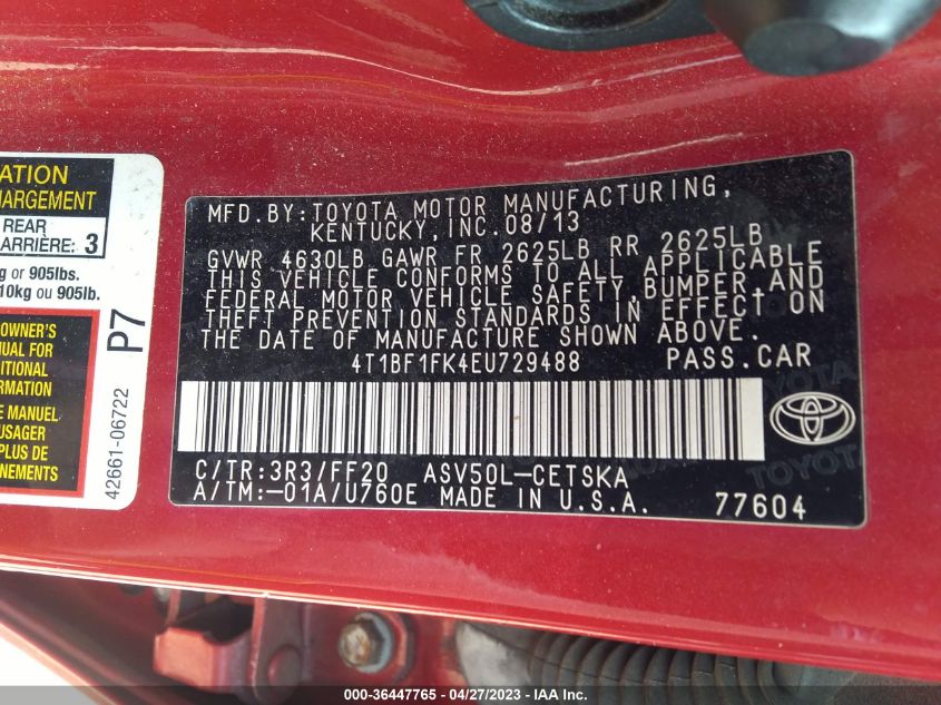 2014 TOYOTA CAMRY L/LE/XLE/SE/SE SPORT - 4T1BF1FK4EU729488