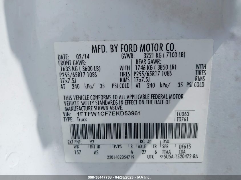 2014 FORD F-150 XL/STX/XLT/FX2/LARIAT - 1FTFW1CF7EKD53961