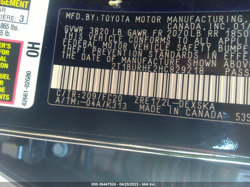 VIN 2T1BURHE2HC829218 2017 TOYOTA COROLLA L/LE/XLE/SE