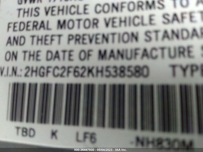 2019 HONDA CIVIC SEDAN LX - 2HGFC2F62KH538580