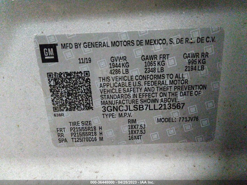 2020 CHEVROLET TRAX LT - 3GNCJLSB7LL213567