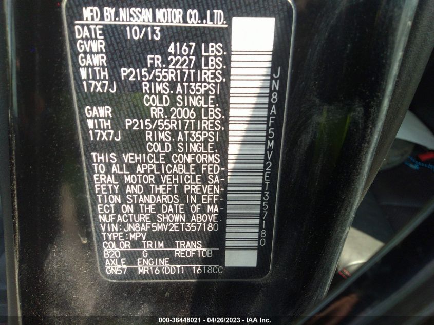2014 NISSAN JUKE SL - JN8AF5MV2ET357180