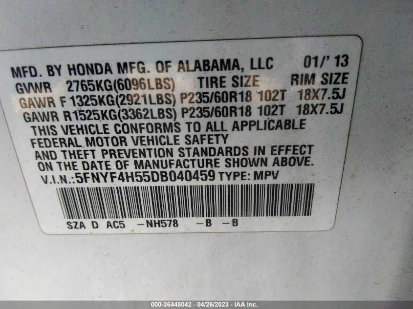 2013 HONDA PILOT EX-L - 5FNYF4H55DB040459
