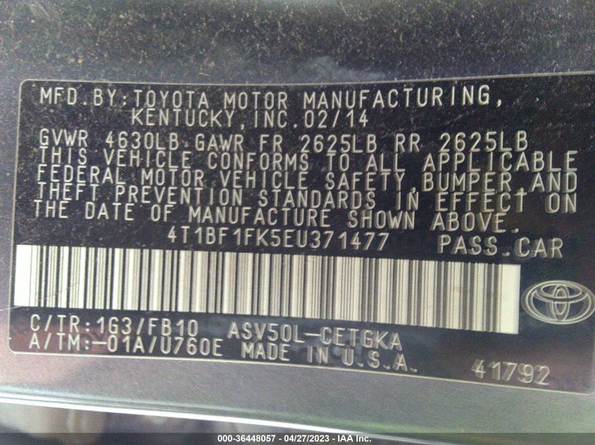 2014 TOYOTA CAMRY L/LE/XLE/SE/SE SPORT - 4T1BF1FK5EU371477