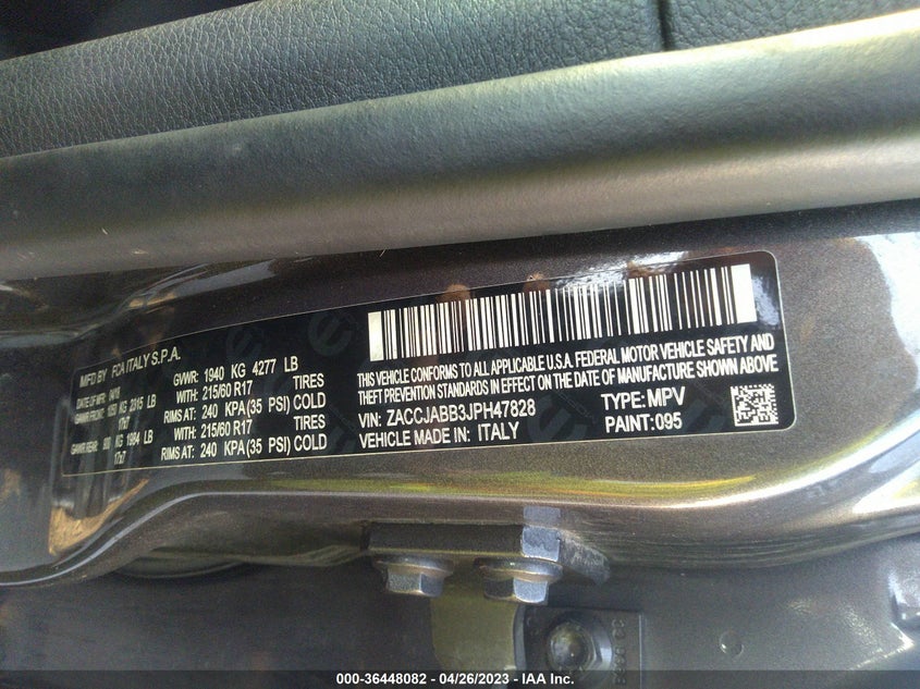 VIN ZACCJABB3JPH47828 2018 JEEP RENEGADE LATITUDE