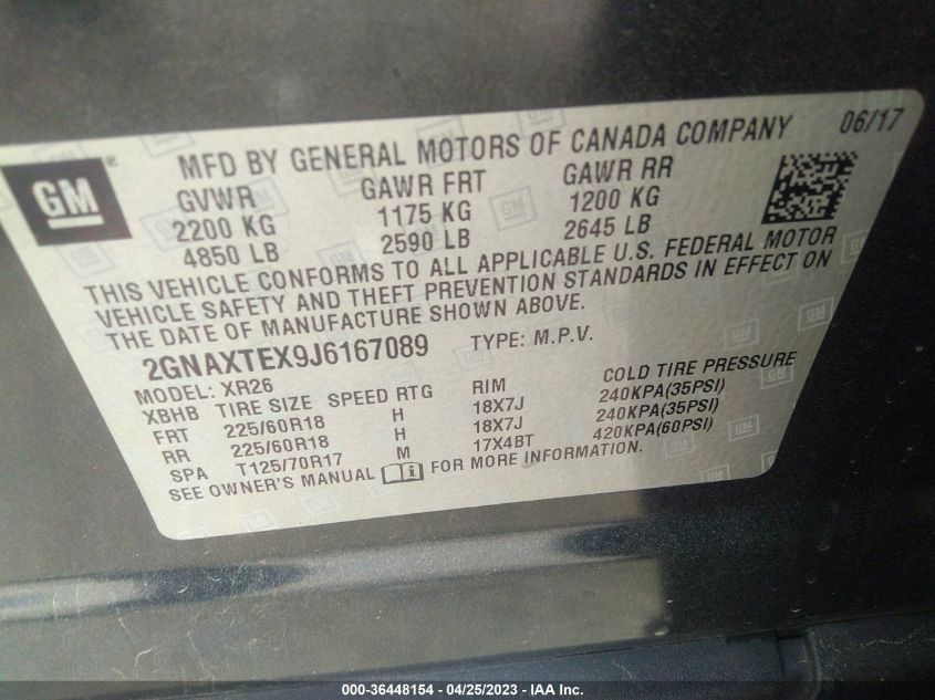 2018 CHEVROLET EQUINOX LT - 2GNAXTEX9J6167089