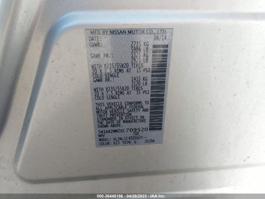 2014 NISSAN PATHFINDER PLATINUM - 5N1AR2MM2EC709520