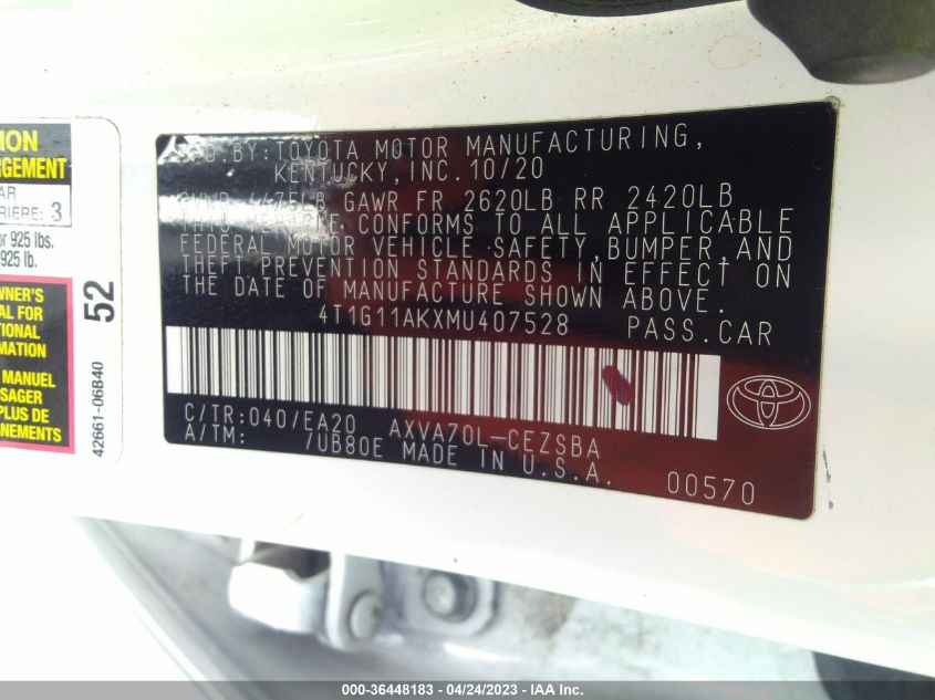 2021 TOYOTA CAMRY SE - 4T1G11AKXMU407528