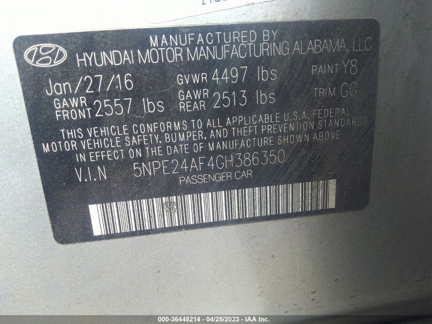 2016 HYUNDAI SONATA 2.4L - 5NPE24AF4GH386350