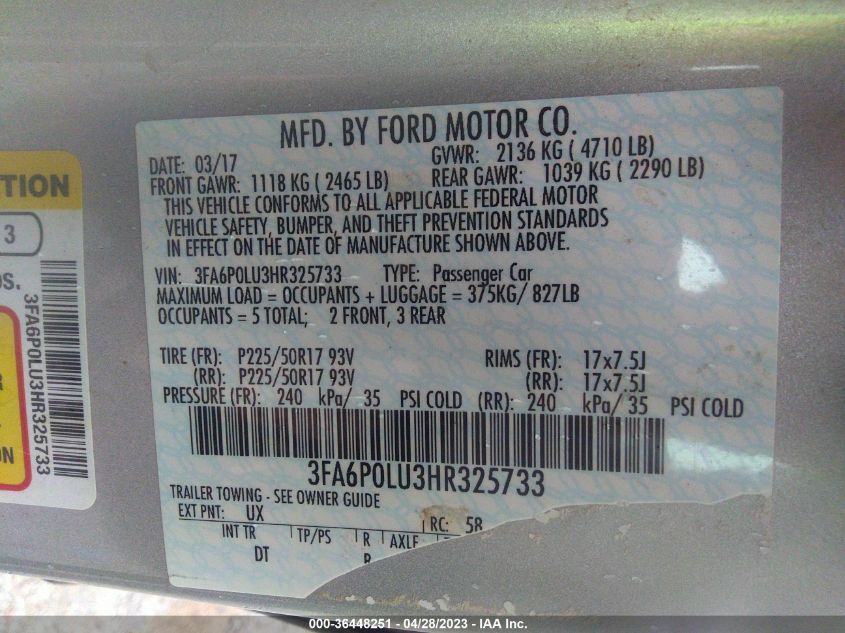 2017 FORD FUSION HYBRID SE - 3FA6P0LU3HR325733