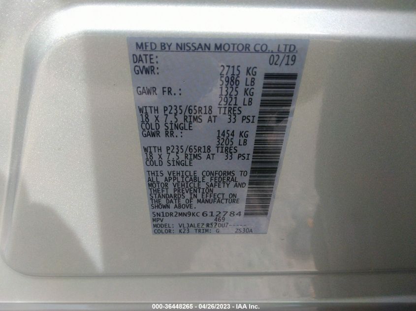 2019 NISSAN PATHFINDER SV - 5N1DR2MN9KC612784