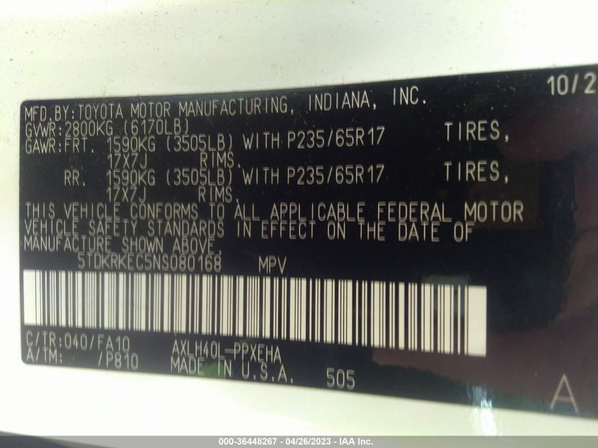 2022 TOYOTA SIENNA LE - 5TDKRKEC5NS080168