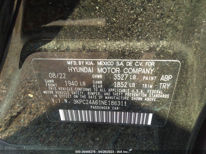 VIN 3KPC24A61NE186311 2022 HYUNDAI ACCENT SE