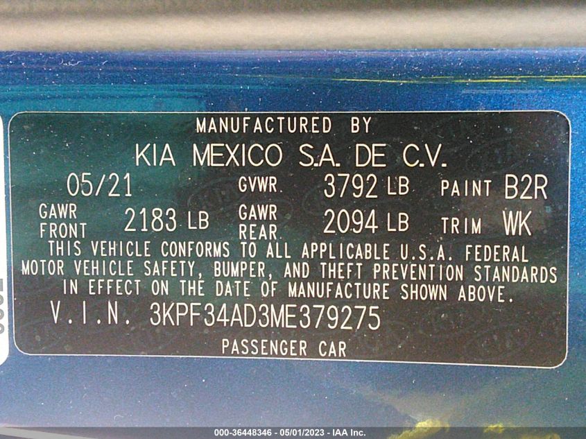 2021 KIA FORTE GT-LINE - 3KPF34AD3ME379275
