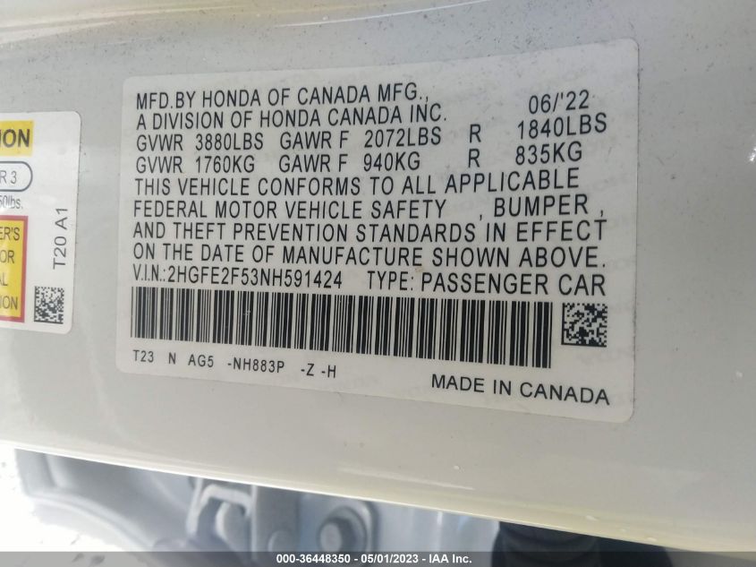 2022 HONDA CIVIC SEDAN SPORT - 2HGFE2F53NH591424