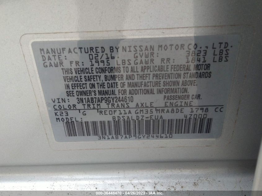 2016 NISSAN SENTRA SV - 3N1AB7AP9GY244610