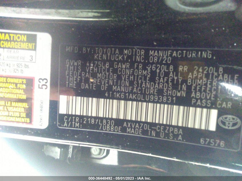 2020 TOYOTA CAMRY XSE - 4T1K61AK0LU993831