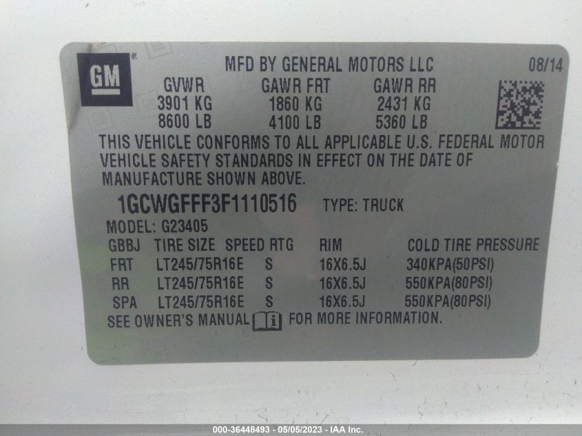 2015 CHEVROLET EXPRESS CARGO VAN - 1GCWGFFF3F1110516