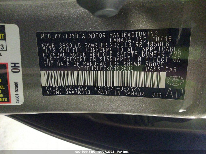 2019 TOYOTA COROLLA L/LE/SE/XLE/XSE - 2T1BURHE7KC193600