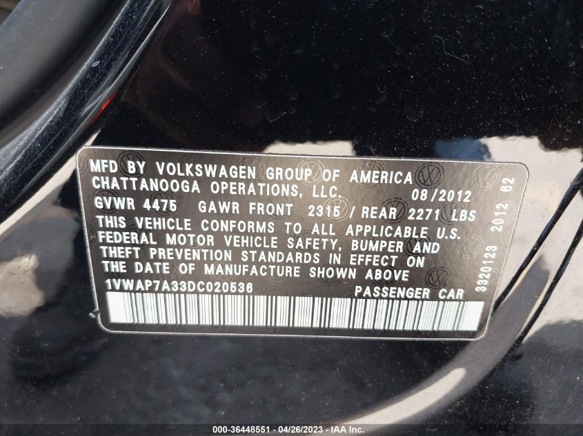 2013 VOLKSWAGEN PASSAT S W/APPEARANCE - 1VWAP7A33DC020536