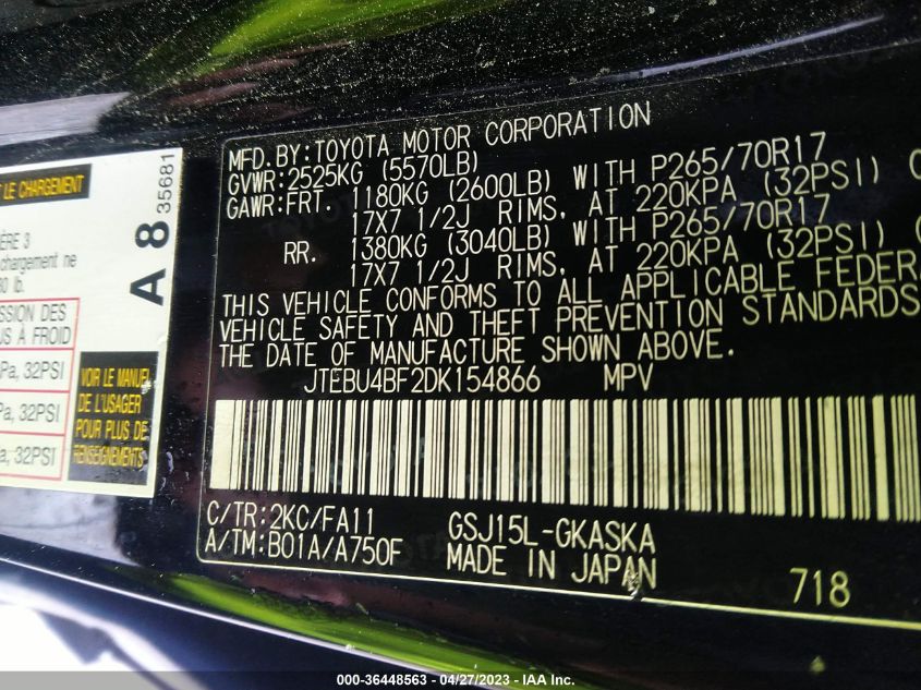 2013 TOYOTA FJ CRUISER JTEBU4BF2DK154866