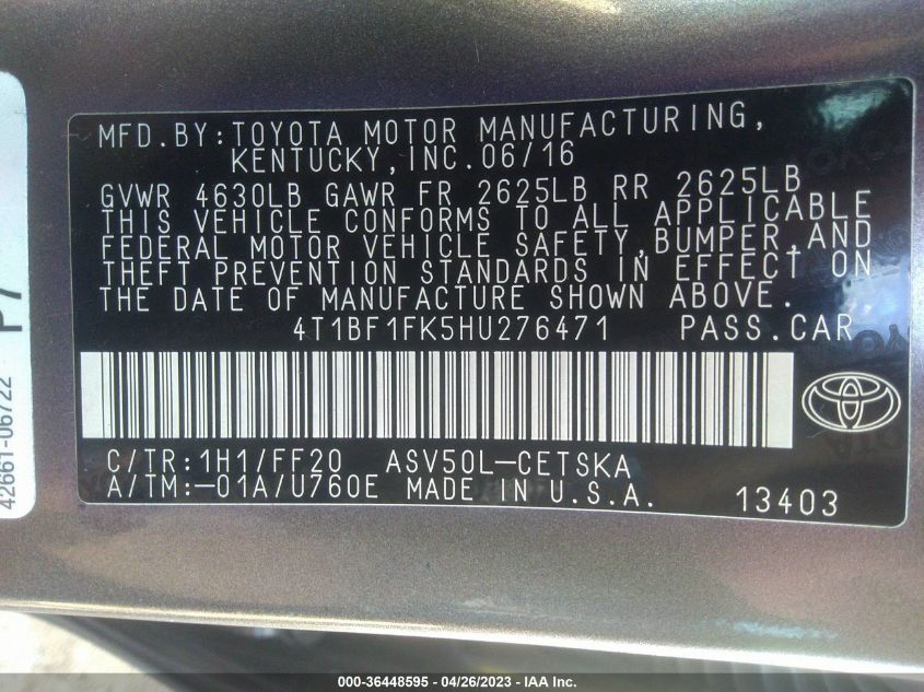 2017 TOYOTA CAMRY XLE/SE/LE/XSE - 4T1BF1FK5HU276471