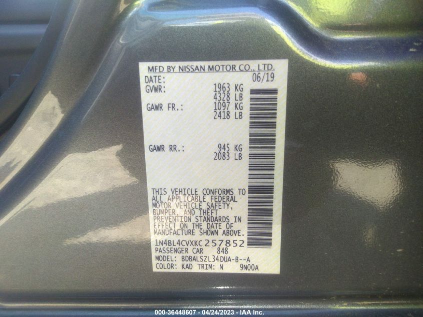 2019 NISSAN ALTIMA 2.5 SR - 1N4BL4CVXKC257852